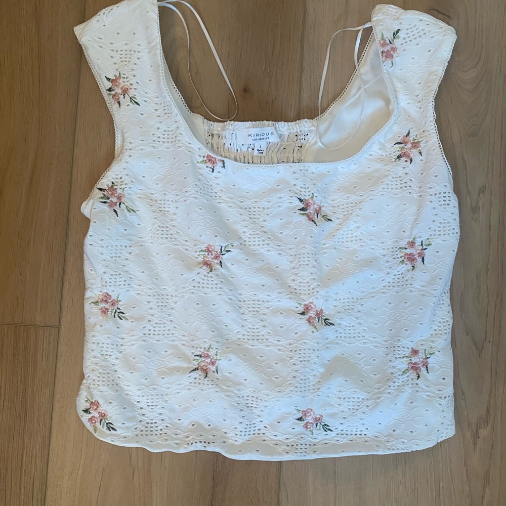 Kirikous White Eyelet Crop Top with Pink Floral Embroidery